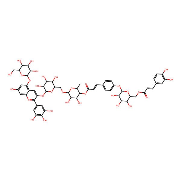 2D Structure of [(2S,3R,4R,5S,6R)-4,5-dihydroxy-2-methyl-6-[[(2R,3S,4S,5R,6S)-3,4,5-trihydroxy-6-[7-hydroxy-5-[(2S,3R,4S,5S,6S)-3,4,5-trihydroxy-6-(hydroxymethyl)oxan-2-yl]oxy-2-(3,4,5-trihydroxyphenyl)chromenylium-3-yl]oxyoxan-2-yl]methoxy]oxan-3-yl] (E)-3-[4-[(2S,3R,4S,5S,6R)-6-[3-(3,4-dihydroxyphenyl)prop-2-enoyloxymethyl]-3,4,5-trihydroxyoxan-2-yl]oxyphenyl]prop-2-enoate