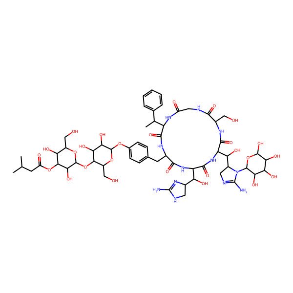 2D Structure of [(2R,3S,4S,5R,6R)-2-[(2R,3S,4R,5S,6R)-6-[4-[[(2R,5S,8R,11S,17S)-5-[(R)-[(4S)-2-amino-4,5-dihydro-1H-imidazol-4-yl]-hydroxymethyl]-8-[(R)-[(4S)-2-amino-3-[(2S,3S,4R,5S,6S)-3,4,5,6-tetrahydroxyoxan-2-yl]-4,5-dihydroimidazol-4-yl]-hydroxymethyl]-11-(hydroxymethyl)-3,6,9,12,15,18-hexaoxo-17-[(1S)-1-phenylethyl]-1,4,7,10,13,16-hexazacyclooctadec-2-yl]methyl]phenoxy]-4,5-dihydroxy-2-(hydroxymethyl)oxan-3-yl]oxy-3,5-dihydroxy-6-(hydroxymethyl)oxan-4-yl] 3-methylbutanoate