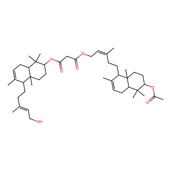 2D Structure of 1-O-[(E)-5-[(1R,4aS,6S,8aR)-6-acetyloxy-2,5,5,8a-tetramethyl-1,4,4a,6,7,8-hexahydronaphthalen-1-yl]-3-methylpent-2-enyl] 3-O-[(2S,4aR,5R,8aS)-5-[(E)-5-hydroxy-3-methylpent-3-enyl]-1,1,4a,6-tetramethyl-2,3,4,5,8,8a-hexahydronaphthalen-2-yl] propanedioate