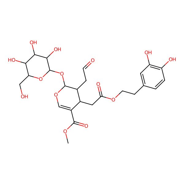 2D Structure of methyl (2R,3S,4S)-4-[2-[2-(3,4-dihydroxyphenyl)ethoxy]-2-oxoethyl]-3-(2-oxoethyl)-2-[(2S,3S,4S,5S,6S)-3,4,5-trihydroxy-6-(hydroxymethyl)oxan-2-yl]oxy-3,4-dihydro-2H-pyran-5-carboxylate