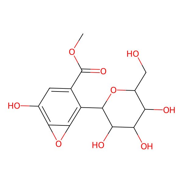 2D Structure of Methyl 5-hydroxy-2-[3,4,5-trihydroxy-6-(hydroxymethyl)oxan-2-yl]-7-oxabicyclo[4.1.0]hepta-1,3,5-triene-3-carboxylate
