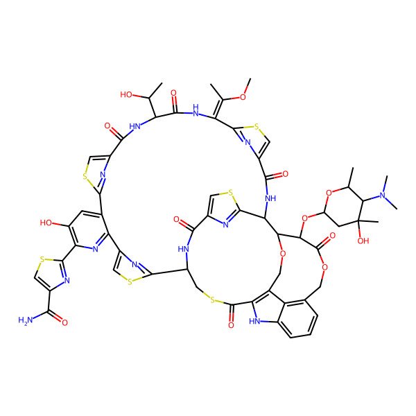 2D Structure of 2-[30-[5-(Dimethylamino)-4-hydroxy-4,6-dimethyloxan-2-yl]oxy-9-hydroxy-18-(1-hydroxyethyl)-21-(1-methoxyethylidene)-16,19,26,31,42,46-hexaoxo-32,54-dioxa-3,13,23,43,49-pentathia-7,17,20,27,45,51,52,55,56,57-decazadecacyclo[26.16.6.229,40.12,5.112,15.122,25.138,41.147,50.06,11.034,39]heptapentaconta-2(57),4,6,8,10,12(56),14,22(55),24,34(39),35,37,40,47,50-pentadecaen-8-yl]-1,3-thiazole-4-carboxamide