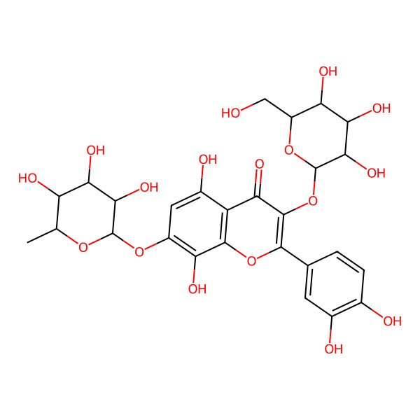 2D Structure of 2-(3,4-dihydroxyphenyl)-5,8-dihydroxy-3-[(2S,3R,4S,5S,6R)-3,4,5-trihydroxy-6-(hydroxymethyl)oxan-2-yl]oxy-7-[(2S,3R,4R,5R,6S)-3,4,5-trihydroxy-6-methyloxan-2-yl]oxychromen-4-one