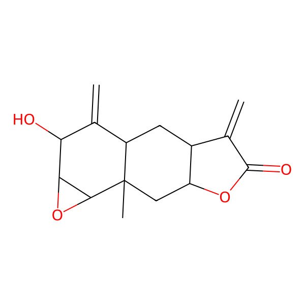 2D Structure of (1S,3R,7R,9R,10R,12S,13S)-13-hydroxy-9-methyl-4,14-dimethylidene-6,11-dioxatetracyclo[7.5.0.03,7.010,12]tetradecan-5-one