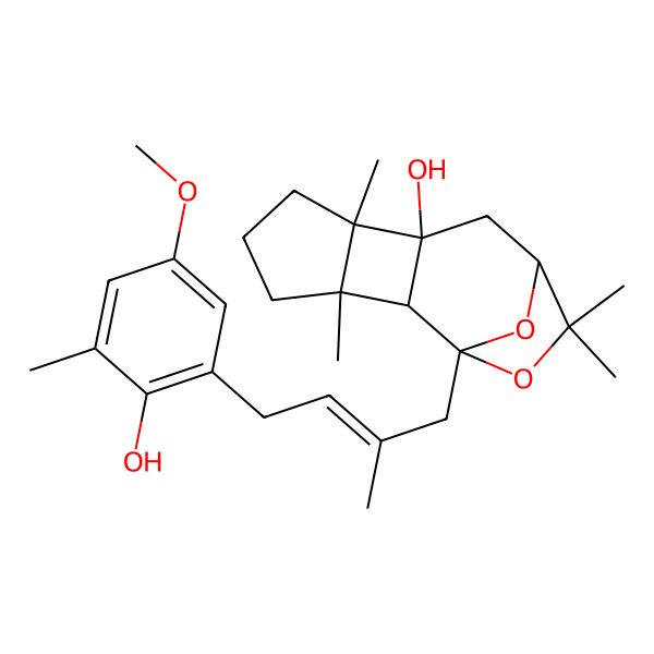 2D Structure of 1-[(E)-4-(2-hydroxy-5-methoxy-3-methylphenyl)-2-methylbut-2-enyl]-3,7,11,11-tetramethyl-12,13-dioxatetracyclo[8.2.1.02,8.03,7]tridecan-8-ol