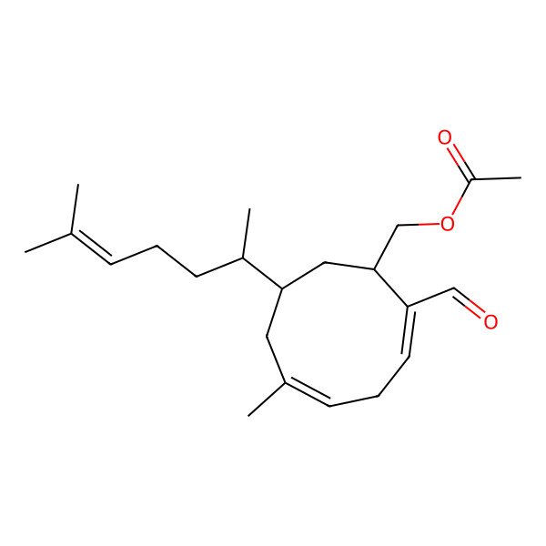 2D Structure of [(1R,2E,5E,8R)-2-formyl-6-methyl-8-[(2R)-6-methylhept-5-en-2-yl]cyclonona-2,5-dien-1-yl]methyl acetate