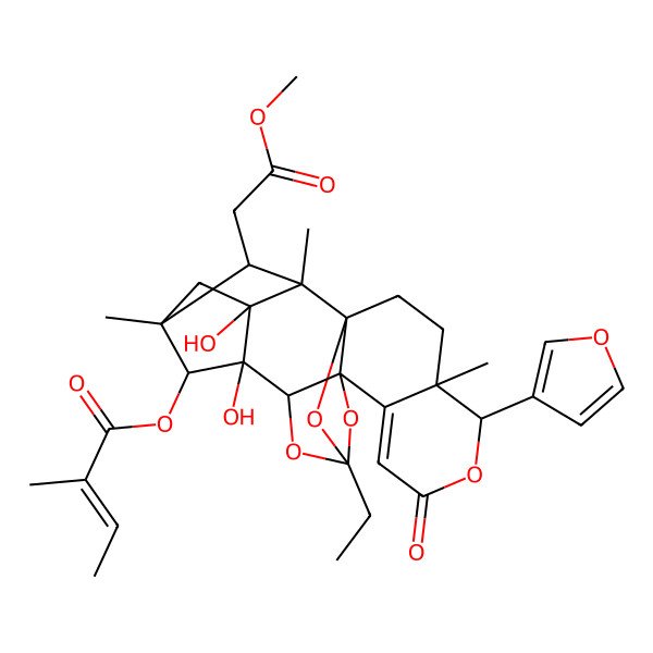 2D Structure of [12-Ethyl-5-(furan-3-yl)-15,16-dihydroxy-19-(2-methoxy-2-oxoethyl)-4,18,20-trimethyl-7-oxo-6,11,13,21-tetraoxaheptacyclo[10.8.1.115,18.01,10.04,9.010,14.016,20]docos-8-en-22-yl] 2-methylbut-2-enoate