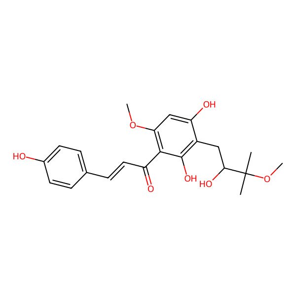 2D Structure of 1-[2,4-Dihydroxy-3-(2-hydroxy-3-methoxy-3-methylbutyl)-6-methoxyphenyl]-3-(4-hydroxyphenyl)prop-2-en-1-one