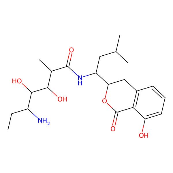 2D Structure of 5-Amino-2,5,6,7-tetradeoxy-N-(1-(3,4-dihydro-8-hydroxy-1-oxo-1H-2-benzopyran-3-yl)-3-methylbutyl)-2-methylheptonamide
