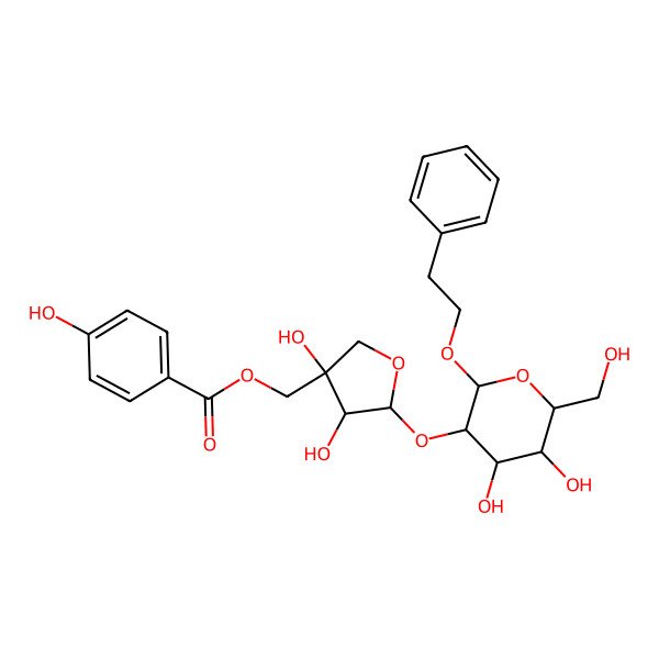 2D Structure of [(3S,4R,5S)-5-[(2R,3R,4S,5S,6R)-4,5-dihydroxy-6-(hydroxymethyl)-2-(2-phenylethoxy)oxan-3-yl]oxy-3,4-dihydroxyoxolan-3-yl]methyl 4-hydroxybenzoate