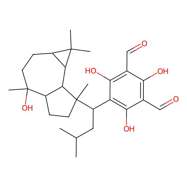 2D Structure of 5-[(1S)-1-[(1aS,4R,4aR,7R,7aR,7bS)-4-hydroxy-1,1,4,7-tetramethyl-1a,2,3,4a,5,6,7a,7b-octahydrocyclopropa[h]azulen-7-yl]-3-methylbutyl]-2,4,6-trihydroxybenzene-1,3-dicarbaldehyde