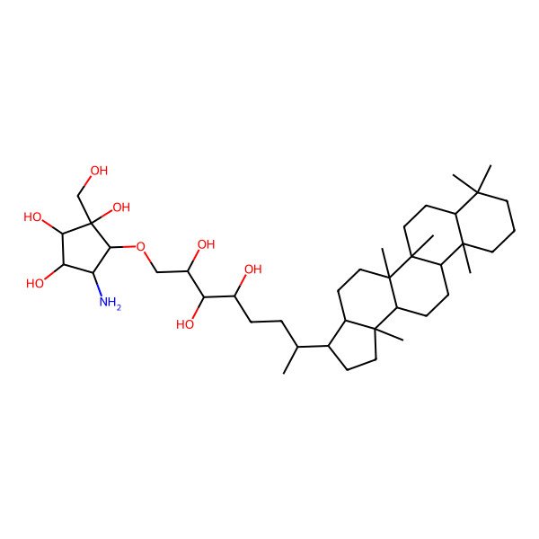 2D Structure of 5-[7-(5a,5b,8,8,11a,13b-Hexamethyl-1,2,3,3a,4,5,6,7,7a,9,10,11,11b,12,13,13a-hexadecahydrocyclopenta[a]chrysen-3-yl)-2,3,4-trihydroxyoctoxy]-4-amino-1-(hydroxymethyl)cyclopentane-1,2,3-triol