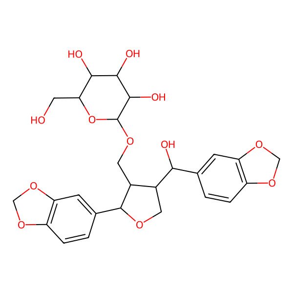2D Structure of (2R,3R,4S,5S,6R)-2-[[(2S,3S,4S)-2-(1,3-benzodioxol-5-yl)-4-[(S)-1,3-benzodioxol-5-yl(hydroxy)methyl]oxolan-3-yl]methoxy]-6-(hydroxymethyl)oxane-3,4,5-triol