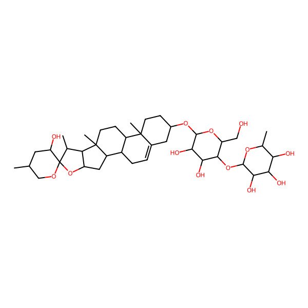 2D Structure of (2S,3R,4R,5R,6S)-2-[(2R,3S,4R,5R,6R)-4,5-dihydroxy-2-(hydroxymethyl)-6-[(1S,2S,3'S,4S,5'R,6S,7S,8R,9S,12S,13R,16S)-3'-hydroxy-5',7,9,13-tetramethylspiro[5-oxapentacyclo[10.8.0.02,9.04,8.013,18]icos-18-ene-6,2'-oxane]-16-yl]oxyoxan-3-yl]oxy-6-methyloxane-3,4,5-triol