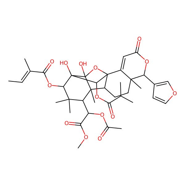 2D Structure of [(1S,6S,7S,10S,11R,12R,14R,15R,16S,18S)-12-[(1R)-1-acetyloxy-2-methoxy-2-oxoethyl]-6-(furan-3-yl)-15,16-dihydroxy-7,11,13,13-tetramethyl-18-(2-methylpropanoyloxy)-4-oxo-5,17-dioxapentacyclo[13.2.1.01,10.02,7.011,16]octadec-2-en-14-yl] (E)-2-methylbut-2-enoate