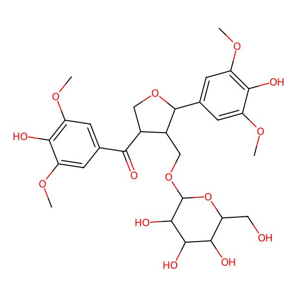 2D Structure of (4-hydroxy-3,5-dimethoxyphenyl)-[(3S,4S,5R)-5-(4-hydroxy-3,5-dimethoxyphenyl)-4-[[(2R,3R,4S,5S,6R)-3,4,5-trihydroxy-6-(hydroxymethyl)oxan-2-yl]oxymethyl]oxolan-3-yl]methanone