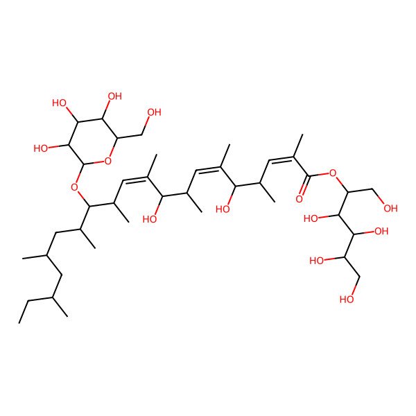 2D Structure of 1,3,4,5,6-Pentahydroxyhexan-2-yl 5,9-dihydroxy-2,4,6,8,10,12,14,16,18-nonamethyl-13-[3,4,5-trihydroxy-6-(hydroxymethyl)oxan-2-yl]oxyicosa-2,6,10-trienoate