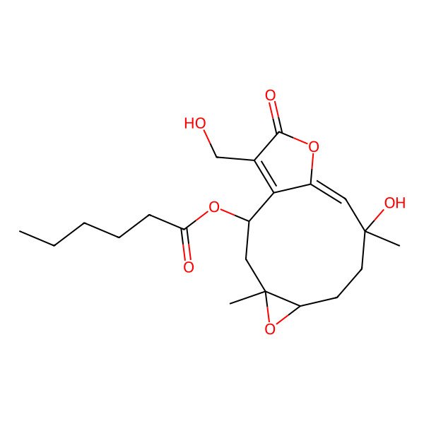 2D Structure of [9-Hydroxy-14-(hydroxymethyl)-4,9-dimethyl-13-oxo-5,12-dioxatricyclo[9.3.0.04,6]tetradeca-1(14),10-dien-2-yl] hexanoate