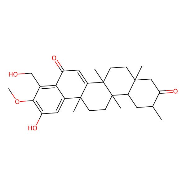 2D Structure of (2R,4aS,6aR,6aS,14aS,14bR)-11-hydroxy-9-(hydroxymethyl)-10-methoxy-2,4a,6a,6a,14a-pentamethyl-1,2,4,5,6,13,14,14b-octahydropicene-3,8-dione 2D Structure of (2R,4aS,6aR,6aS,14aS,14bR)-11-hydroxy-9-(hydroxymethyl)-10-methoxy-2,4a,6a,6a,14a-pentamethyl-1,2,4,5,6,13,14,14b-octahydropicene-3,8-dione