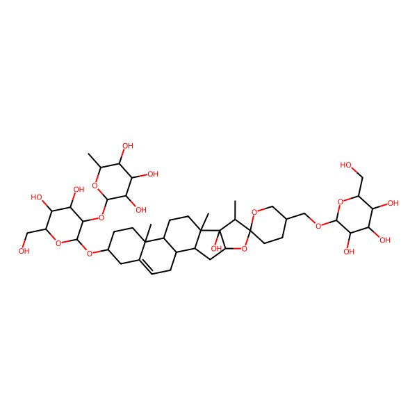 2D Structure of (2S,3R,4R,5R,6S)-2-[(2R,3R,4S,5S,6R)-4,5-dihydroxy-6-(hydroxymethyl)-2-[(1R,2S,4S,5'S,6R,7S,8S,9S,12S,13R,16S)-8-hydroxy-7,9,13-trimethyl-5'-[[(2R,3R,4S,5S,6R)-3,4,5-trihydroxy-6-(hydroxymethyl)oxan-2-yl]oxymethyl]spiro[5-oxapentacyclo[10.8.0.02,9.04,8.013,18]icos-18-ene-6,2'-oxane]-16-yl]oxyoxan-3-yl]oxy-6-methyloxane-3,4,5-triol