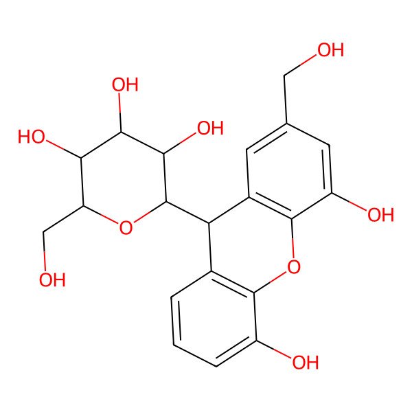 2D Structure of (2S,3R,4R,5S,6R)-2-[(9R)-4,5-dihydroxy-2-(hydroxymethyl)-9H-xanthen-9-yl]-6-(hydroxymethyl)oxane-3,4,5-triol