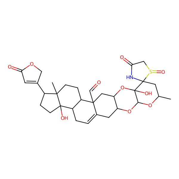 2D Structure of 10',22'-dihydroxy-7',18'-dimethyl-1,4-dioxo-19'-(5-oxo-2H-furan-3-yl)spiro[1,3-thiazolidine-2,9'-4,6,11-trioxahexacyclo[12.11.0.03,12.05,10.015,23.018,22]pentacos-1(25)-ene]-14'-carbaldehyde