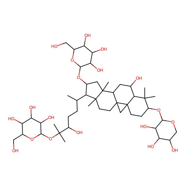 2D Structure of (2R,3R,4S,5S,6R)-2-[[(1S,3R,6S,8R,9S,11S,12S,14S,15R,16R)-9-hydroxy-15-[(2R,5R)-5-hydroxy-6-methyl-6-[(2S,3R,4S,5S,6R)-3,4,5-trihydroxy-6-(hydroxymethyl)oxan-2-yl]oxyheptan-2-yl]-7,7,12,16-tetramethyl-6-[(2S,3R,4S,5R)-3,4,5-trihydroxyoxan-2-yl]oxy-14-pentacyclo[9.7.0.01,3.03,8.012,16]octadecanyl]oxy]-6-(hydroxymethyl)oxane-3,4,5-triol