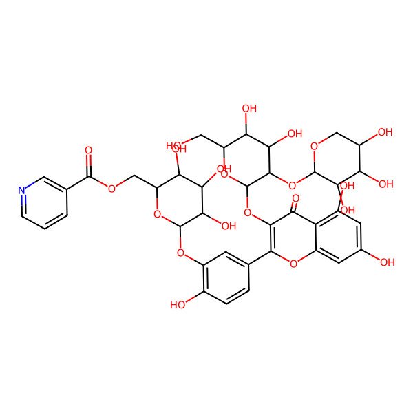2D Structure of [(2R,3S,4S,5R,6S)-6-[5-[3-[(2S,3R,4S,5S,6R)-4,5-dihydroxy-6-(hydroxymethyl)-3-[(2S,3R,4S,5R)-3,4,5-trihydroxyoxan-2-yl]oxyoxan-2-yl]oxy-5,7-dihydroxy-4-oxochromen-2-yl]-2-hydroxyphenoxy]-3,4,5-trihydroxyoxan-2-yl]methyl pyridine-3-carboxylate