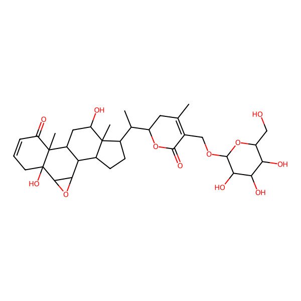 2D Structure of (1S,2S,4S,5R,10R,11S,13R,14R,15R,18S)-5,13-dihydroxy-10,14-dimethyl-15-[(1S)-1-[(2R)-4-methyl-6-oxo-5-[[(2R,3R,4S,5S,6R)-3,4,5-trihydroxy-6-(hydroxymethyl)oxan-2-yl]oxymethyl]-2,3-dihydropyran-2-yl]ethyl]-3-oxapentacyclo[9.7.0.02,4.05,10.014,18]octadec-7-en-9-one