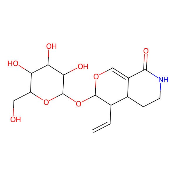 2D Structure of (3S,4R,4aS)-4-Ethenyl-3-(beta-D-glucopyranosyloxy)-3,4,4a,5,6,7-hexahydro-8H-pyrano(3,4-c)pyridin-8-one