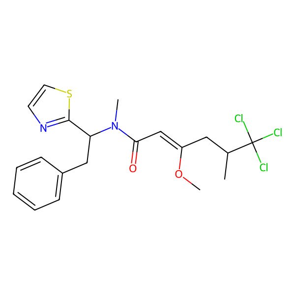 2D Structure of (E,5S)-6,6,6-trichloro-3-methoxy-N,5-dimethyl-N-[(1S)-2-phenyl-1-(1,3-thiazol-2-yl)ethyl]hex-2-enamide