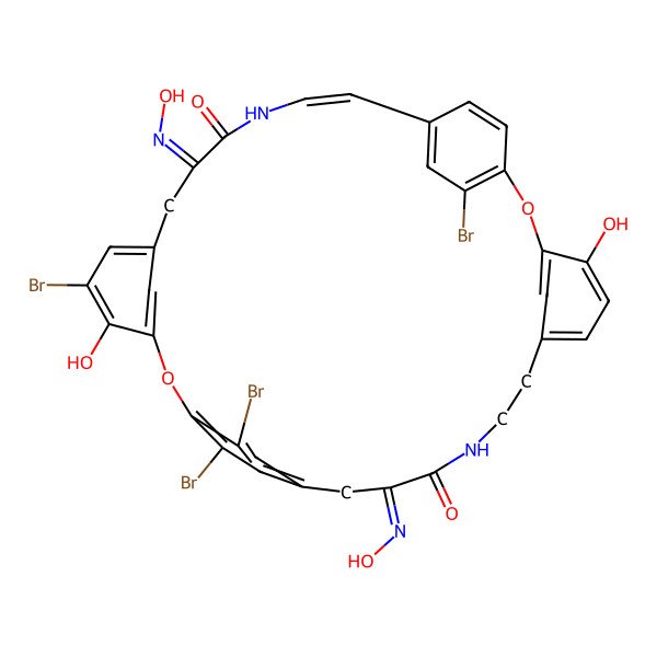 2D Structure of (12E,25E,28E)-16,21,32,36-tetrabromo-4,20-dihydroxy-12,25-bis(hydroxyimino)-2,18-dioxa-10,27-diazapentacyclo[28.2.2.214,17.13,7.119,23]octatriaconta-1(32),3,5,7(38),14,16,19,21,23(35),28,30,33,36-tridecaene-11,26-dione
