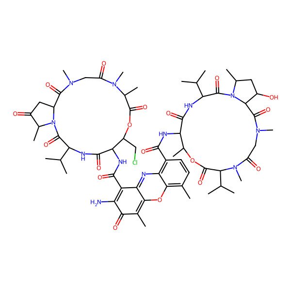 2D Structure of 2-amino-1-N-[(3S,6S,7R,10S,16R,19S)-7-(chloromethyl)-10,11,14,19-tetramethyl-2,5,9,12,15,18-hexaoxo-3-propan-2-yl-8-oxa-1,4,11,14-tetrazabicyclo[14.3.0]nonadecan-6-yl]-9-N-[(3S,6S,7R,10R,16R,17S,19R)-17-hydroxy-7,11,14,19-tetramethyl-2,5,9,12,15-pentaoxo-3,10-di(propan-2-yl)-8-oxa-1,4,11,14-tetrazabicyclo[14.3.0]nonadecan-6-yl]-4,6-dimethyl-3-oxophenoxazine-1,9-dicarboxamide