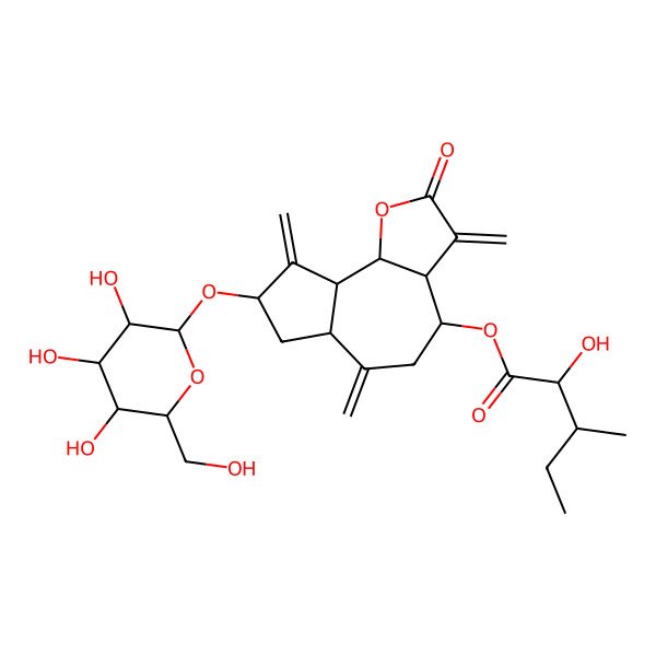 2D Structure of [3,6,9-Trimethylidene-2-oxo-8-[3,4,5-trihydroxy-6-(hydroxymethyl)oxan-2-yl]oxy-3a,4,5,6a,7,8,9a,9b-octahydroazuleno[4,5-b]furan-4-yl] 2-hydroxy-3-methylpentanoate