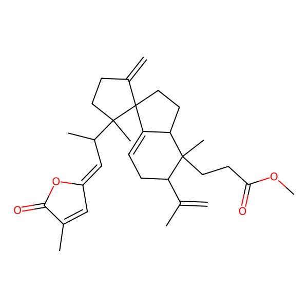 2D Structure of methyl 3-[(1R,1'S,3aS,4R,5S)-1',4-dimethyl-3'-methylidene-1'-[(1Z,2R)-1-(4-methyl-5-oxofuran-2-ylidene)propan-2-yl]-5-prop-1-en-2-ylspiro[3,3a,5,6-tetrahydro-2H-indene-1,2'-cyclopentane]-4-yl]propanoate