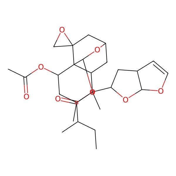 2D Structure of [(1S,2S,4R,5S,6R,8S,10R,11R)-5-[(3aS,5S,6aS)-3a,4,5,6a-tetrahydrofuro[2,3-b]furan-5-yl]-2-acetyloxy-4,5-dimethylspiro[9-oxatricyclo[6.2.2.01,6]dodecane-11,2'-oxirane]-10-yl] (2R)-2-methylbutanoate