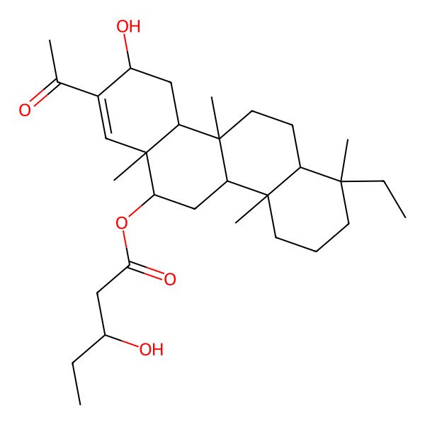2D Structure of (8-Acetyl-1-ethyl-9-hydroxy-1,4a,6a,10b-tetramethyl-2,3,4,4b,5,6,9,10,10a,11,12,12a-dodecahydrochrysen-6-yl) 3-hydroxypentanoate