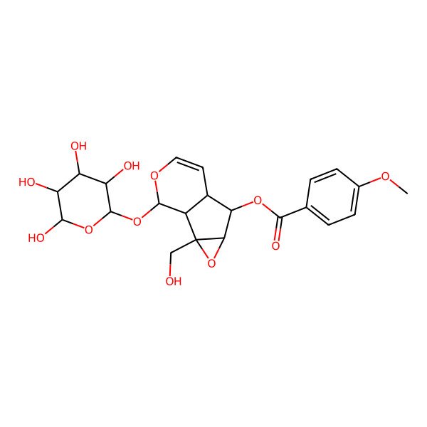 2D Structure of [(1S,2S,4S,5S,6R,10S)-2-(hydroxymethyl)-10-[(2S,3S,5R)-3,4,5,6-tetrahydroxyoxan-2-yl]oxy-3,9-dioxatricyclo[4.4.0.02,4]dec-7-en-5-yl] 4-methoxybenzoate