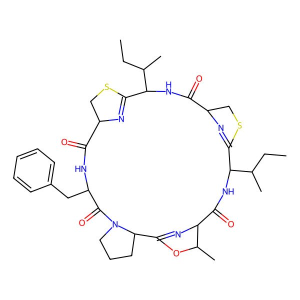 2D Structure of (2R,8S,11S,15S,18S,22S,25S,26R)-8-benzyl-15-[(2S)-butan-2-yl]-22-[(2R)-butan-2-yl]-26-methyl-27-oxa-13,20-dithia-6,9,16,23,28,29,30-heptazapentacyclo[23.2.1.111,14.118,21.02,6]triaconta-1(28),14(30),21(29)-triene-7,10,17,24-tetrone