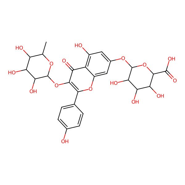 2D Structure of 3-[(6-Deoxy-alpha-L-mannopyranosyl)oxy]-5-hydroxy-2-(4-hydroxyphenyl)-4-oxo-4H-1-benzopyran-7-yl beta-D-galactopyranosiduronic acid