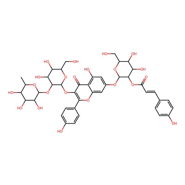 2D Structure of [(2S,3R,4S,5S,6S)-2-[3-[(2S,3R,4S,5S,6R)-4,5-dihydroxy-6-(hydroxymethyl)-3-[(2S,3S,4R,5R,6S)-3,4,5-trihydroxy-6-methyloxan-2-yl]oxyoxan-2-yl]oxy-5-hydroxy-2-(4-hydroxyphenyl)-4-oxochromen-7-yl]oxy-4,5-dihydroxy-6-(hydroxymethyl)oxan-3-yl] (E)-3-(4-hydroxyphenyl)prop-2-enoate