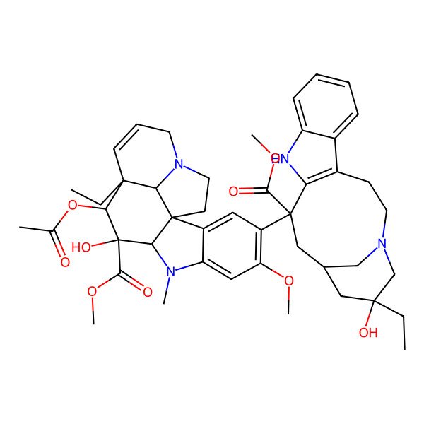 2D Structure of methyl (1R,9R,10S,11R,12R,19S)-11-acetyloxy-12-ethyl-4-[(13S,15S,17S)-17-ethyl-17-hydroxy-13-methoxycarbonyl-1,11-diazatetracyclo[13.3.1.04,12.05,10]nonadeca-4(12),5,7,9-tetraen-13-yl]-10-hydroxy-5-methoxy-8-methyl-8,16-diazapentacyclo[10.6.1.01,9.02,7.016,19]nonadeca-2,4,6,13-tetraene-10-carboxylate