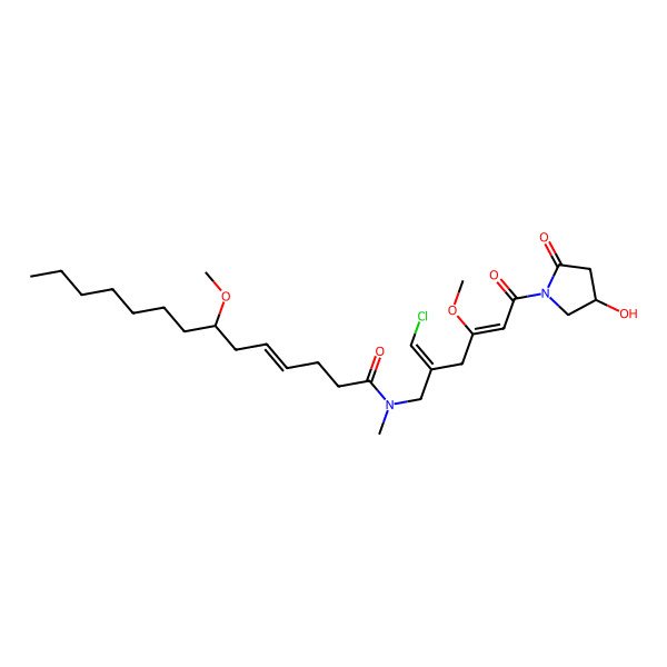 2D Structure of N-[2-(chloromethylidene)-6-(4-hydroxy-2-oxopyrrolidin-1-yl)-4-methoxy-6-oxohex-4-enyl]-7-methoxy-N-methyltetradec-4-enamide
