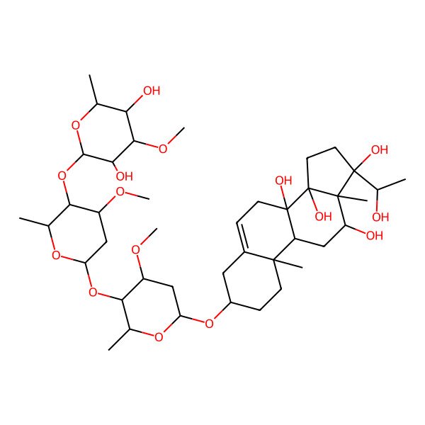 2D Structure of (3S,8S,9R,10R,12R,13R,14R,17S)-3-[(2R,4S,5R,6R)-5-[(2S,4S,5R,6R)-5-[(2S,3R,4S,5R,6R)-3,5-dihydroxy-4-methoxy-6-methyloxan-2-yl]oxy-4-methoxy-6-methyloxan-2-yl]oxy-4-methoxy-6-methyloxan-2-yl]oxy-17-[(1S)-1-hydroxyethyl]-10,13-dimethyl-1,2,3,4,7,9,11,12,15,16-decahydrocyclopenta[a]phenanthrene-8,12,14,17-tetrol
