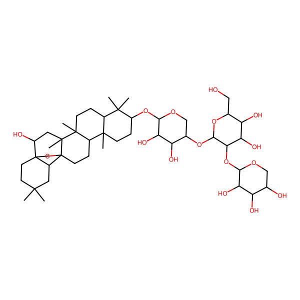 2D Structure of (2S,3R,4R,5S)-2-[(2S,3R,4S,5R,6R)-2-[(3S,4R,5R,6S)-4,5-dihydroxy-6-[[(1S,2R,4S,5R,8R,10S,13S,14R,17S,18R)-2-hydroxy-4,5,9,9,13,20,20-heptamethyl-24-oxahexacyclo[15.5.2.01,18.04,17.05,14.08,13]tetracosan-10-yl]oxy]oxan-3-yl]oxy-4,5-dihydroxy-6-(hydroxymethyl)oxan-3-yl]oxyoxane-3,4,5-triol