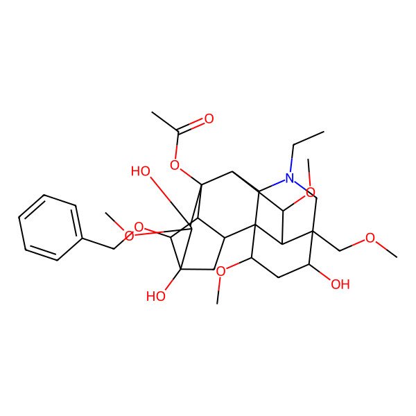 2D Structure of [(1S,2R,3R,4R,5R,6S,7S,8R,9R,10R,13R,14R,16S,17S,18R)-11-ethyl-5,7,14-trihydroxy-6,16,18-trimethoxy-13-(methoxymethyl)-4-phenylmethoxy-11-azahexacyclo[7.7.2.12,5.01,10.03,8.013,17]nonadecan-8-yl] acetate