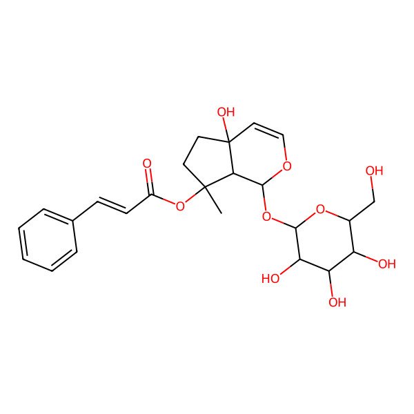 2D Structure of [4a-Hydroxy-7-methyl-1-[3,4,5-trihydroxy-6-(hydroxymethyl)oxan-2-yl]oxy-1,5,6,7a-tetrahydrocyclopenta[c]pyran-7-yl] 3-phenylprop-2-enoate