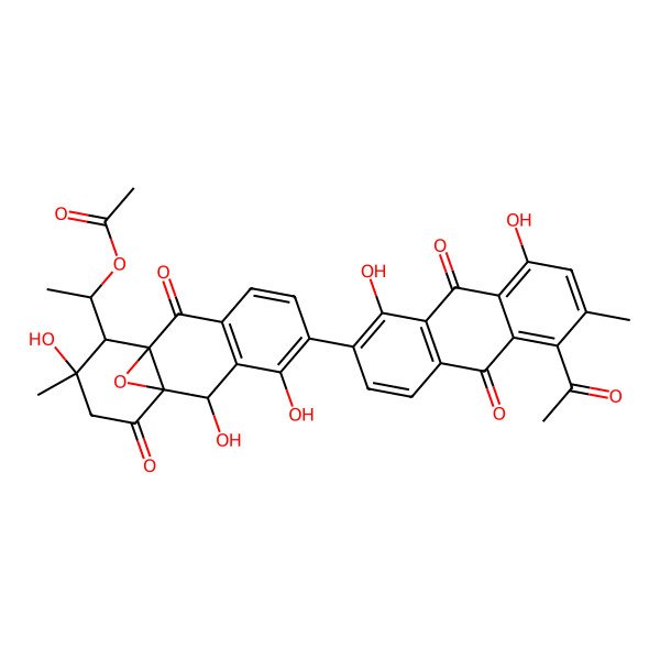 2D Structure of [(1R)-1-[(1R,2R,10R,11S,12S)-5-(5-acetyl-1,8-dihydroxy-6-methyl-9,10-dioxoanthracen-2-yl)-2,4,12-trihydroxy-12-methyl-9,14-dioxo-15-oxatetracyclo[8.4.1.01,10.03,8]pentadeca-3(8),4,6-trien-11-yl]ethyl] acetate