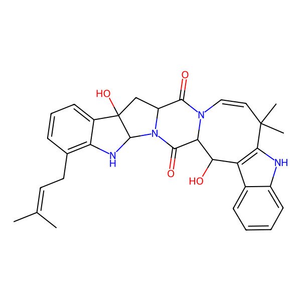 2D Structure of 12,29-Dihydroxy-19,19-dimethyl-7-(3-methylbut-2-enyl)-3,5,16,21-tetrazaheptacyclo[14.13.0.03,14.04,12.06,11.020,28.022,27]nonacosa-6,8,10,17,20(28),22,24,26-octaene-2,15-dione
