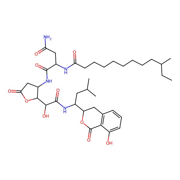 2D Structure of N-[2-[1-hydroxy-2-[[1-(8-hydroxy-1-oxo-3,4-dihydroisochromen-3-yl)-3-methylbutyl]amino]-2-oxoethyl]-5-oxooxolan-3-yl]-2-(10-methyldodecanoylamino)butanediamide
